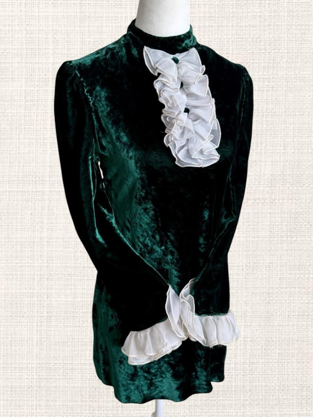 Vintage Emerald Teal Velvet Ruffle Bib Mini Dress Women’s XS/S